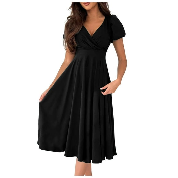 TJAZFJPA Black Lace Dress Women's Solid Elegant V Neck Waist Bubble Sleeve Large Hem Dress Wrap Dress Women's Sundresses