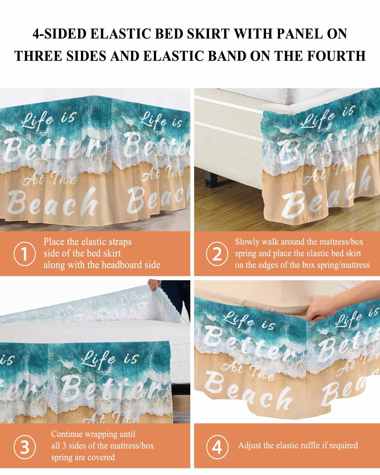 Summer Beach Blue Wrap Around Bed Skirts for Queen Bed 16" Drop, Bed Skirt with Adjustable Elastic Belt Dust Ruffle Bed Valance for Bedroom Hotel Luxury Life Is Better at The Beach Bed Frame Cover