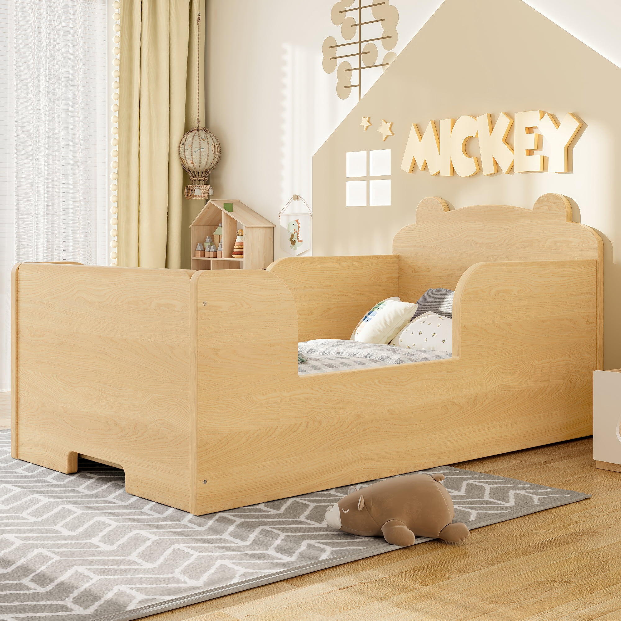 Leumius Twin Size Floor Bed for Kids,Solid Wood Montessori Floor Bed Frame with High Rails and Bear Shape Headboard for Boys Girls,Natural
