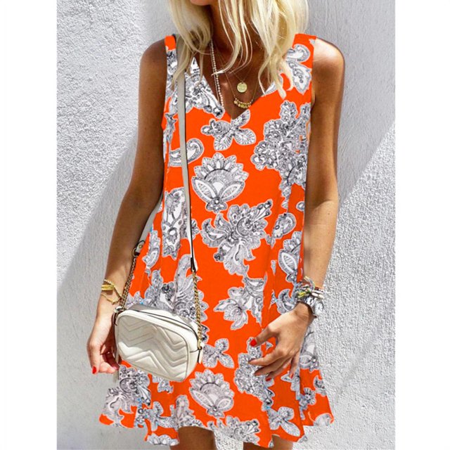 Nouvelle Robe d'Été Sans Manches à Col en V Imprimée pour Femmes, Robe Mini de Plage
