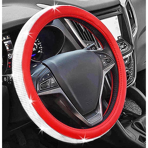 New Diamond Leather Steering Wheel Cover, Bling Crystal Rhinestones Steering Wheel Cover Universal Fit 15" Car Wheel Protector for Women, Red