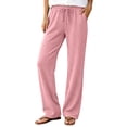 thumbnail image 7 of Lenpel Womens Summer Pants Loose Drawstring Elastic Waist Trousers with Pockets Fashion Straight Leg Knit Lounge Pants, 7 of 7