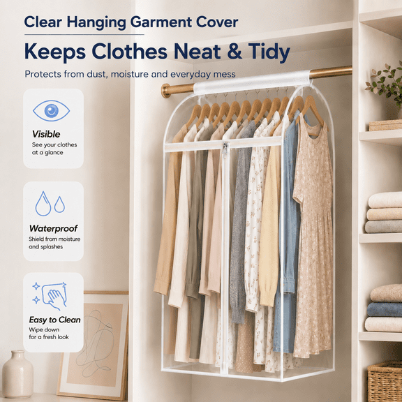 MEYRKLOE 35" Hanging Garment Bag for Closet Storage, Large Clear Clothes Storage Cover with 3-Way Zipper, Coat Protector for Suits, Jackets & Shirts