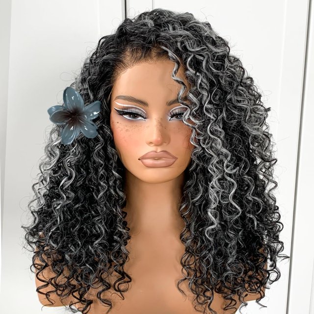 Peluca afro Wig MITIMES con encaje HD, rizado, sintético, gris