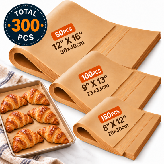 ChrumpTon 300 Pcs Parchment Paper Sheets, 3 Sizes 8x12, 9x13 & 12x16 Inches, Precut Non-Stick Unbleached Parchment Sheets for Baking, Cooking, Air Fryer, Bread, Cakes & Cookies