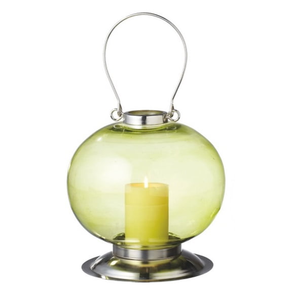 10.5" Fancy Fair Round Silver and Green Retro Glass Pillar Candle Holder Lantern