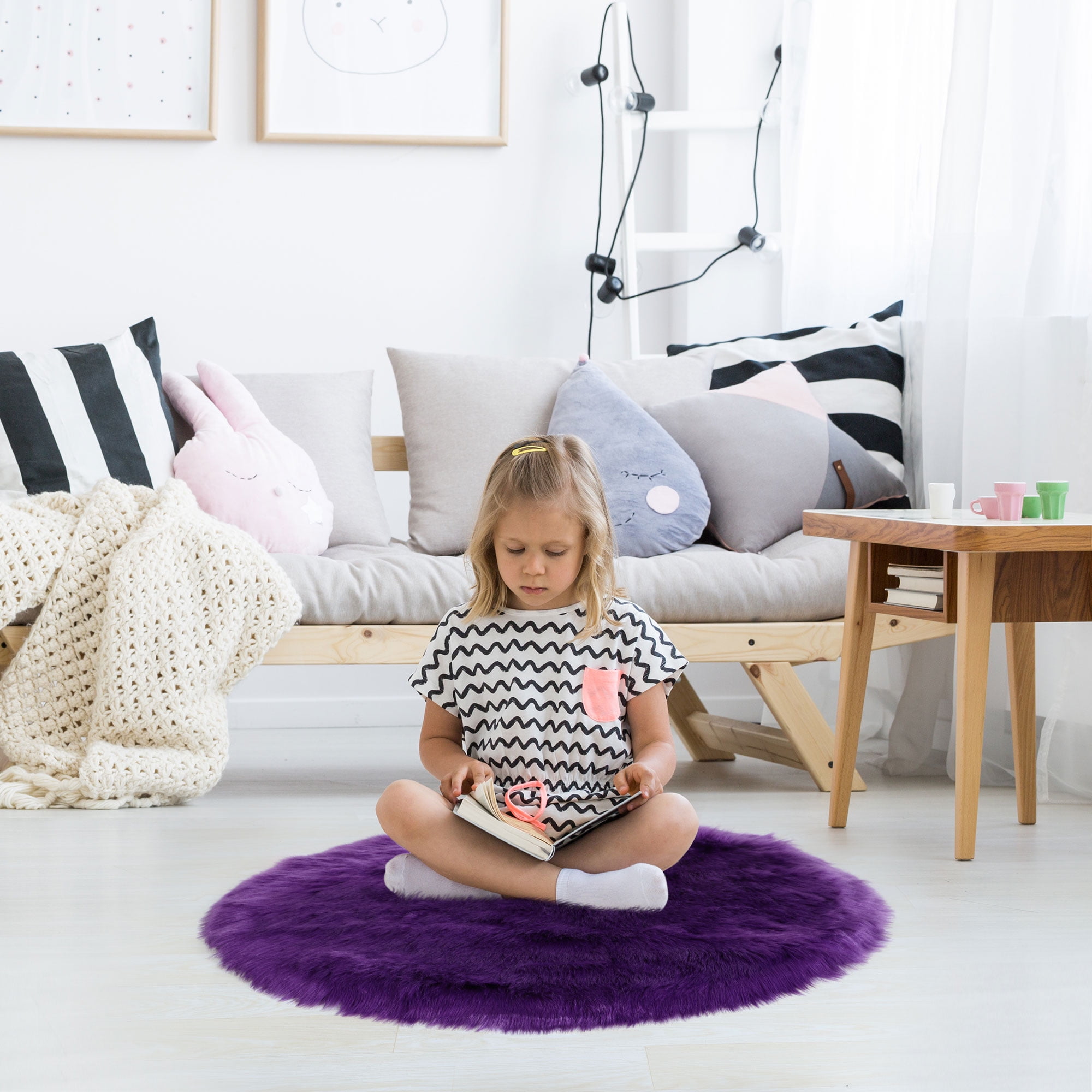 Unique Bargains Artificial Animal Wool Soft Faux Fur Sheepskin Plush Area Rug Purple 3x3 Feet Round