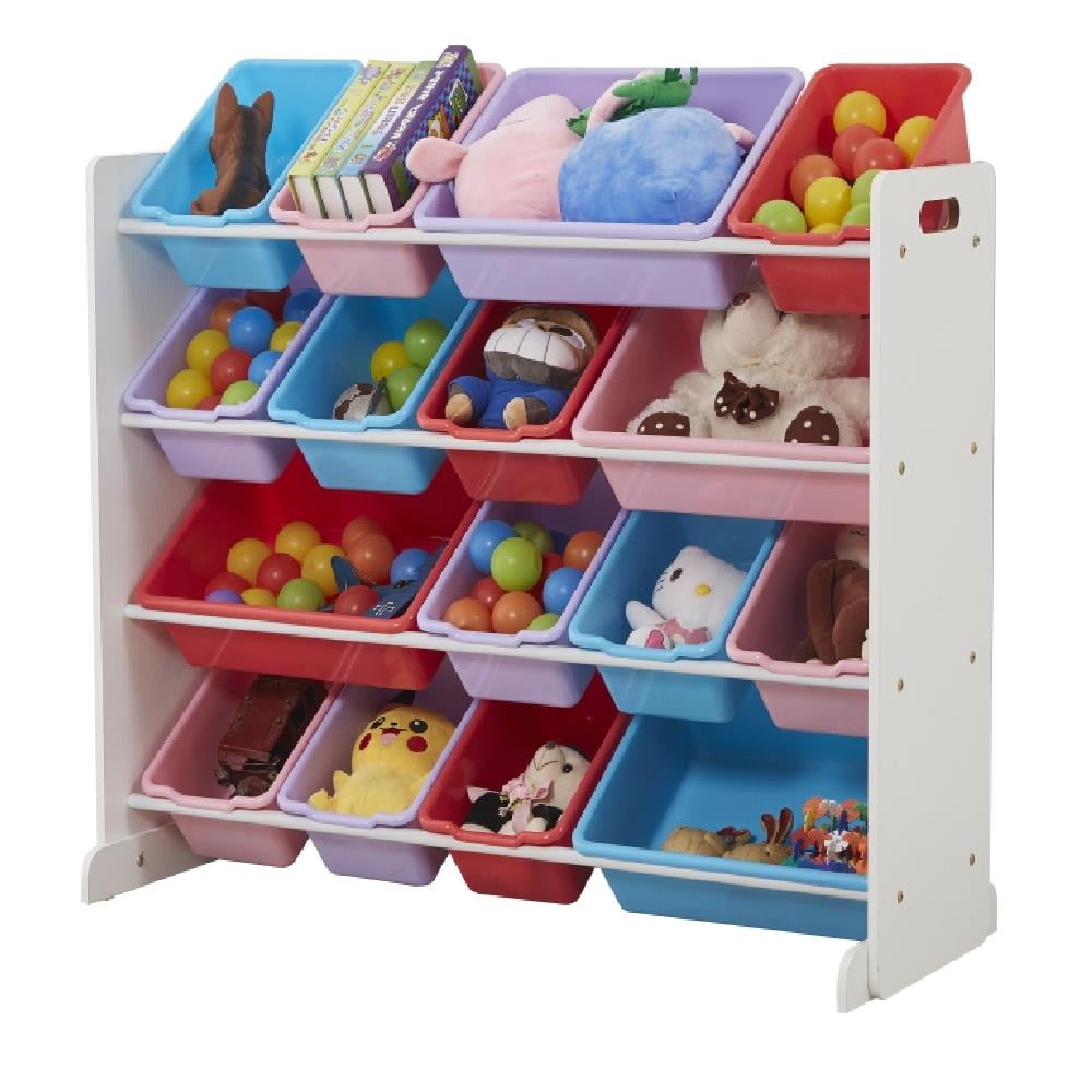 Ktaxon Wooden Kids' Toy Storage Organizer with 16 Plastic Bins