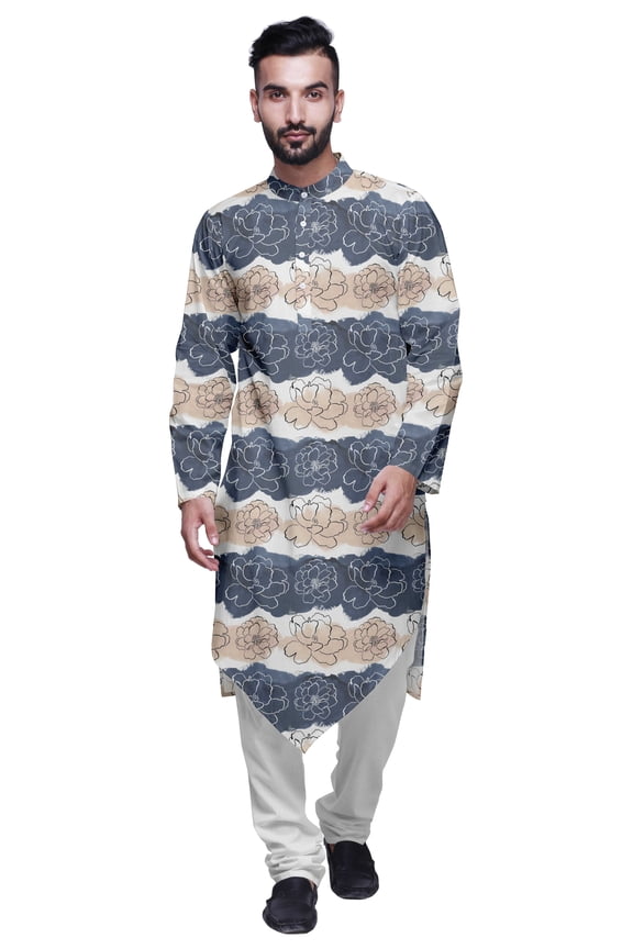 Mandarin Collar Mens Kurta Printed Button Down Kurtas Ethnic Clothing White