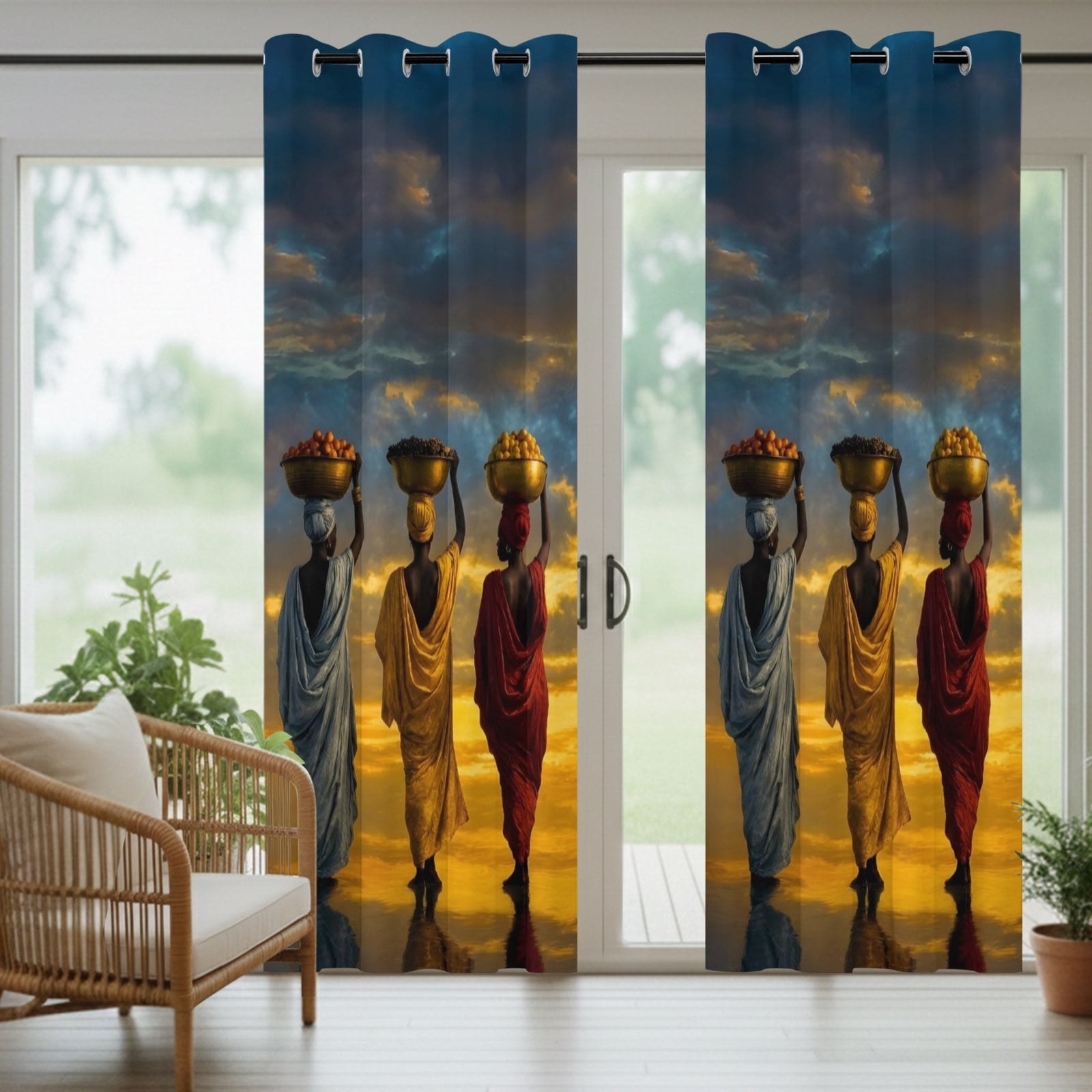 Three Black Women Outdoor Curtains for Patio, Red Yellow Green African Coastal Sunshade Privacy Drapes Grommet Waterproof Outside Curtains for Porch/Cabana/Balcony 54"x 108", 1 Panel