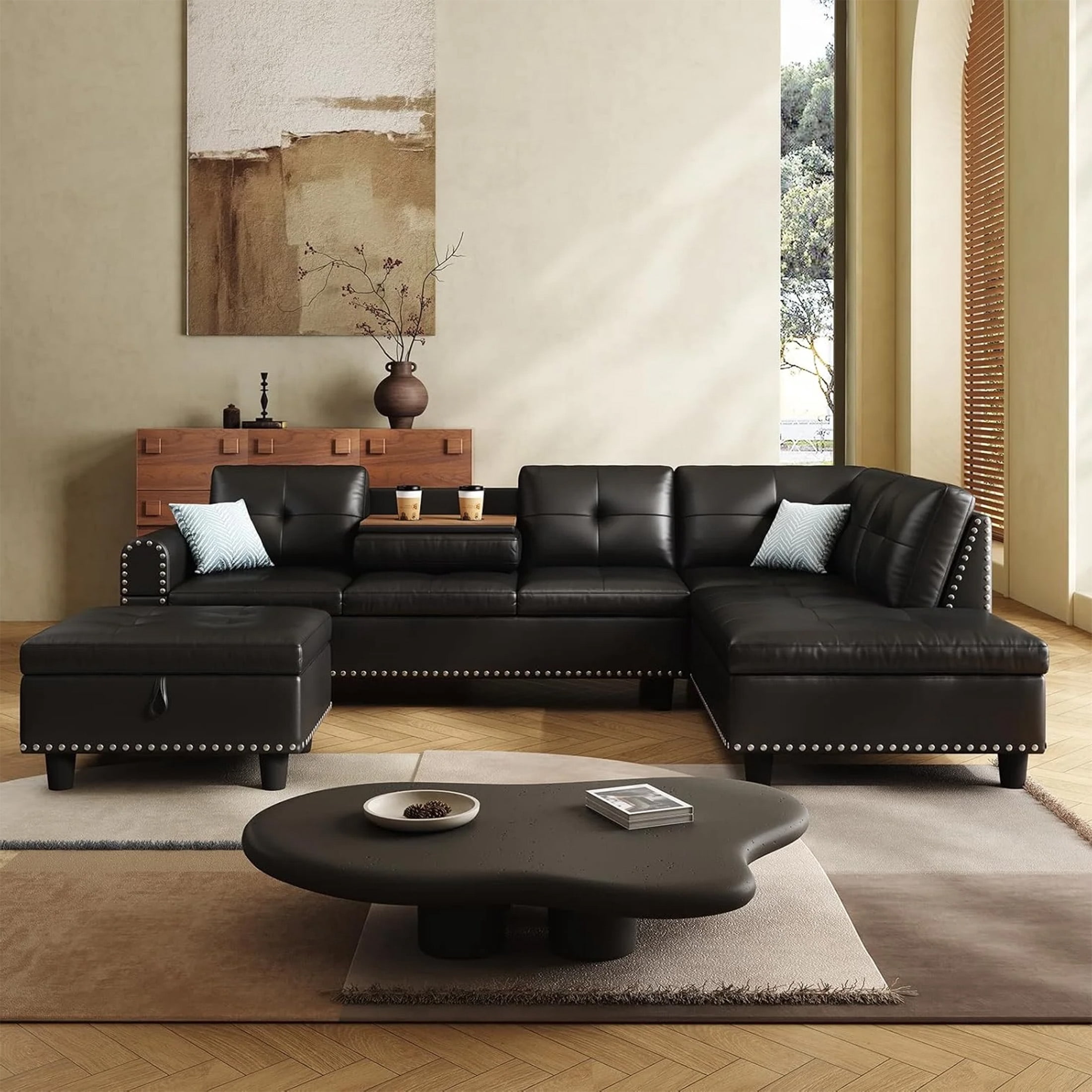 AENKYO 98" L-Shaped Sectional Sofa with Reversible Chaise, Storage Ottoman & Cup Holders, Faux Leather, Black