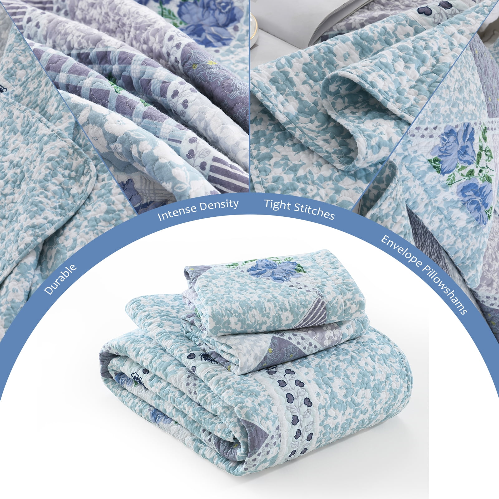 DUOHONG Floral Bedspreads King Size 120"W x 120"L - 100% Cotton Reversible Oversized King Quilt with 2 Pillow Shams, Farmhouse King Bedspread Lightweight Bedding Set, Blue/Light Blue, King