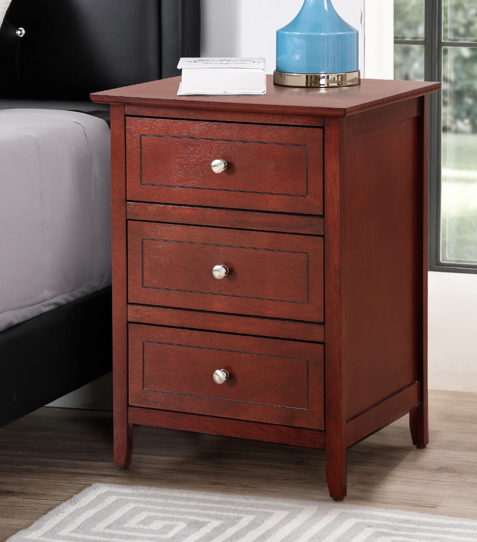 Wooden 3Drawers Nightstand with Round Metal Handles, Rectangle Bedside