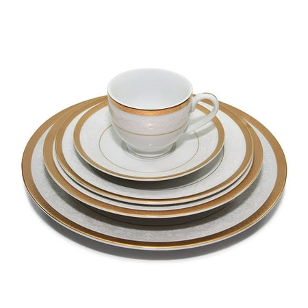 - Royalty Porcelain 5pc Place Setting, White & Gold Dinnerware, 24K Gold-Plated