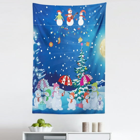Christmas Tapestry, Jolly Snowman Party Winter Happy Cartoon Style Illustration, Fabric Wall Hanging Decor for Bedroom Living Room Dorm, 5 Sizes, Multicolor, by Ambesonne