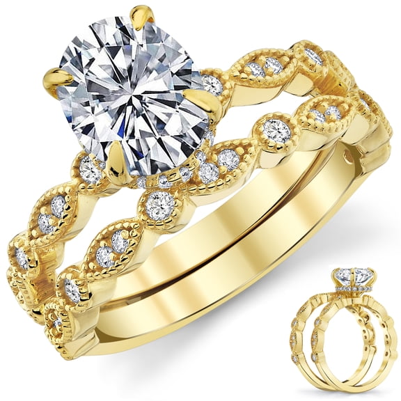 Metal Masters 2.5Ct Victorian Vintage Oval Moissanite Bridal Set Under Halo Migrain Wedding Band 18K Gold Plated Silver
