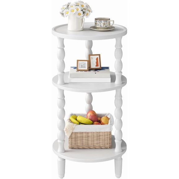 Round Side Table for Small Space, 3-Tier Small Round End Table with Rubberwood Leg, Accent Bedside Table, Circle Nightstand, Living Room, Bedroom, Sofa Couch, White WT218BZ01