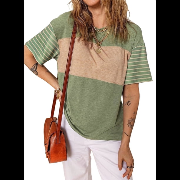 Blusa Informal de Verano 2025 con Cuello Redondo y Rayas en Bloques de Color para Mujer, Talla Grande, Verde, Talla XL
