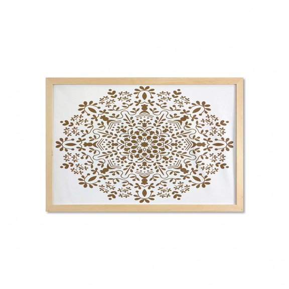 Mandala Wall Art with Frame, Abstract Art Style Vector Illustration of Mandala Flower on White Background, Printed Fabric Poster for Bathroom Living Room, 35" x 23", Brown and White, by Ambesonne