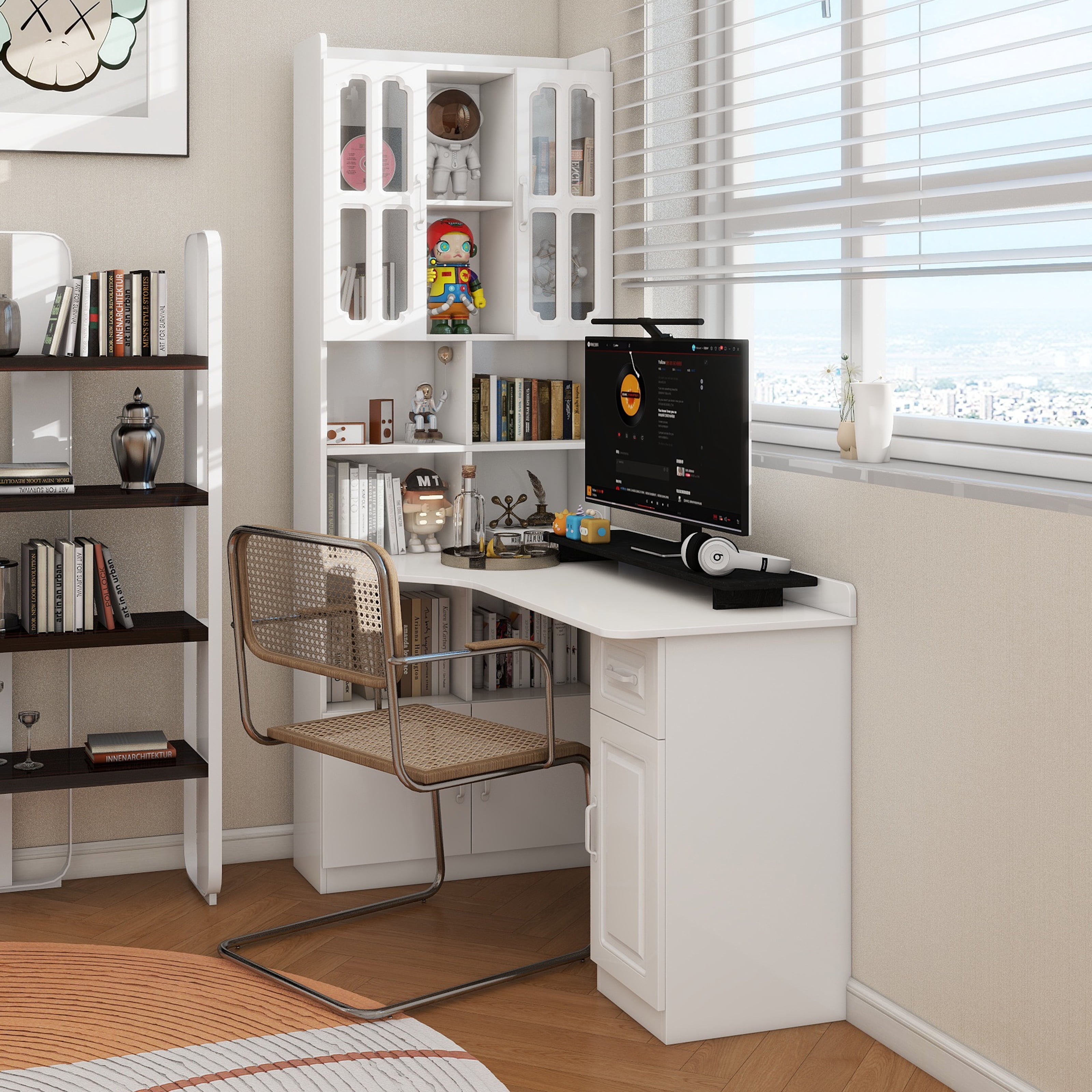 L-Shaped Corner Computer Desk for Home Office or Study desk, Study Modern Style Table with Drawers, Bookshelf & Hutch, 2-in-1 L-Shaped Design, Large Working Space,white