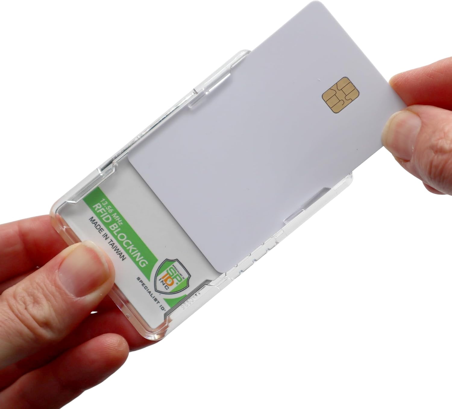 Bulk 20 Pack - SPECIALIST ID RFID Blocking Badge Holder - Secure 2 Card Holder for Government, HSPD-12, CAC, TWIC, PIV, Smart Cards - Durable Hard Plastic, Dual Sided, RFID Badge Protection (Clear)