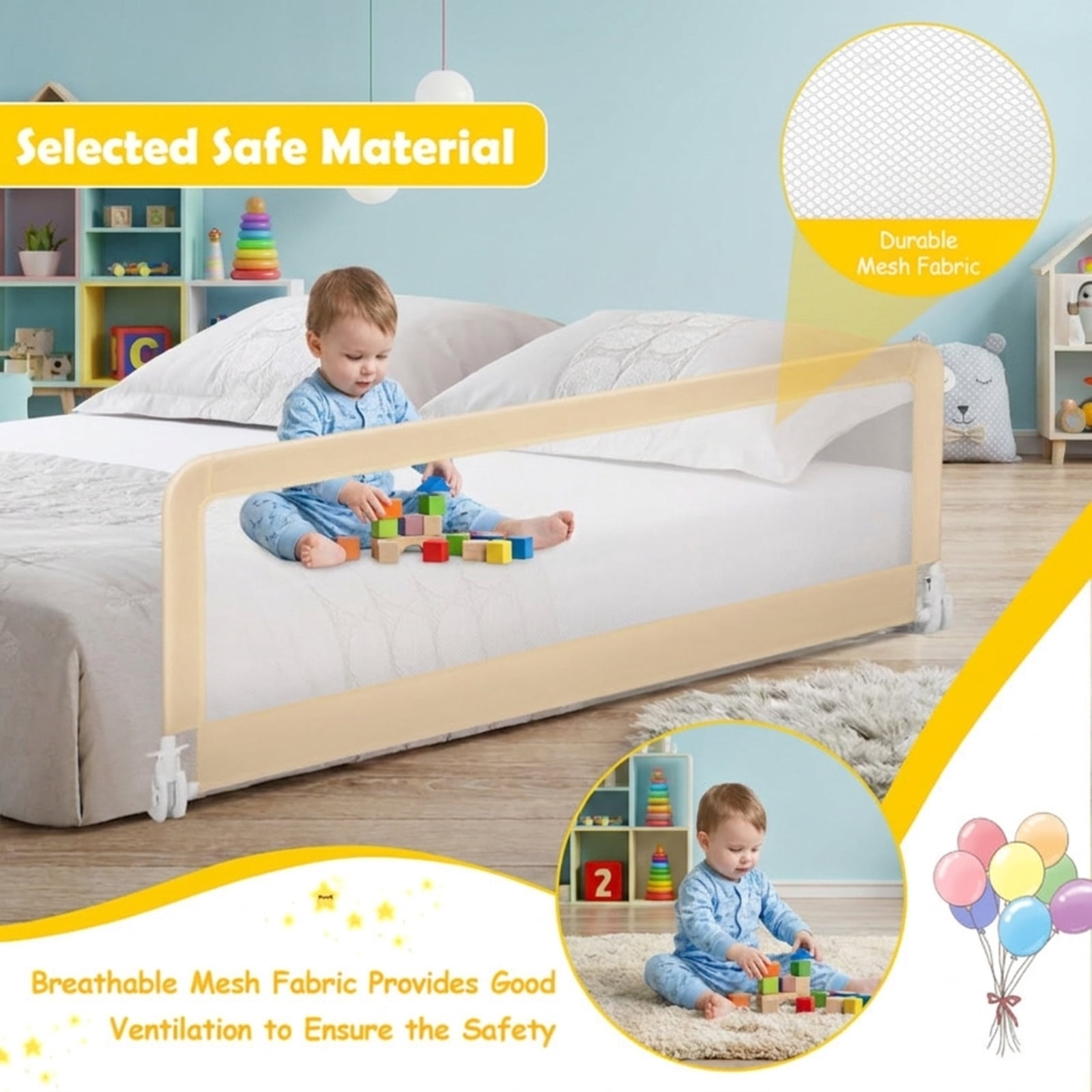 SUGIFT 59 Inch Folding Breathable Bed Side Rails Guard with Swing Down Design Mesh Panel Safety Strap Metal Crossbar and Washable Cover for Bedside Protection, Beige