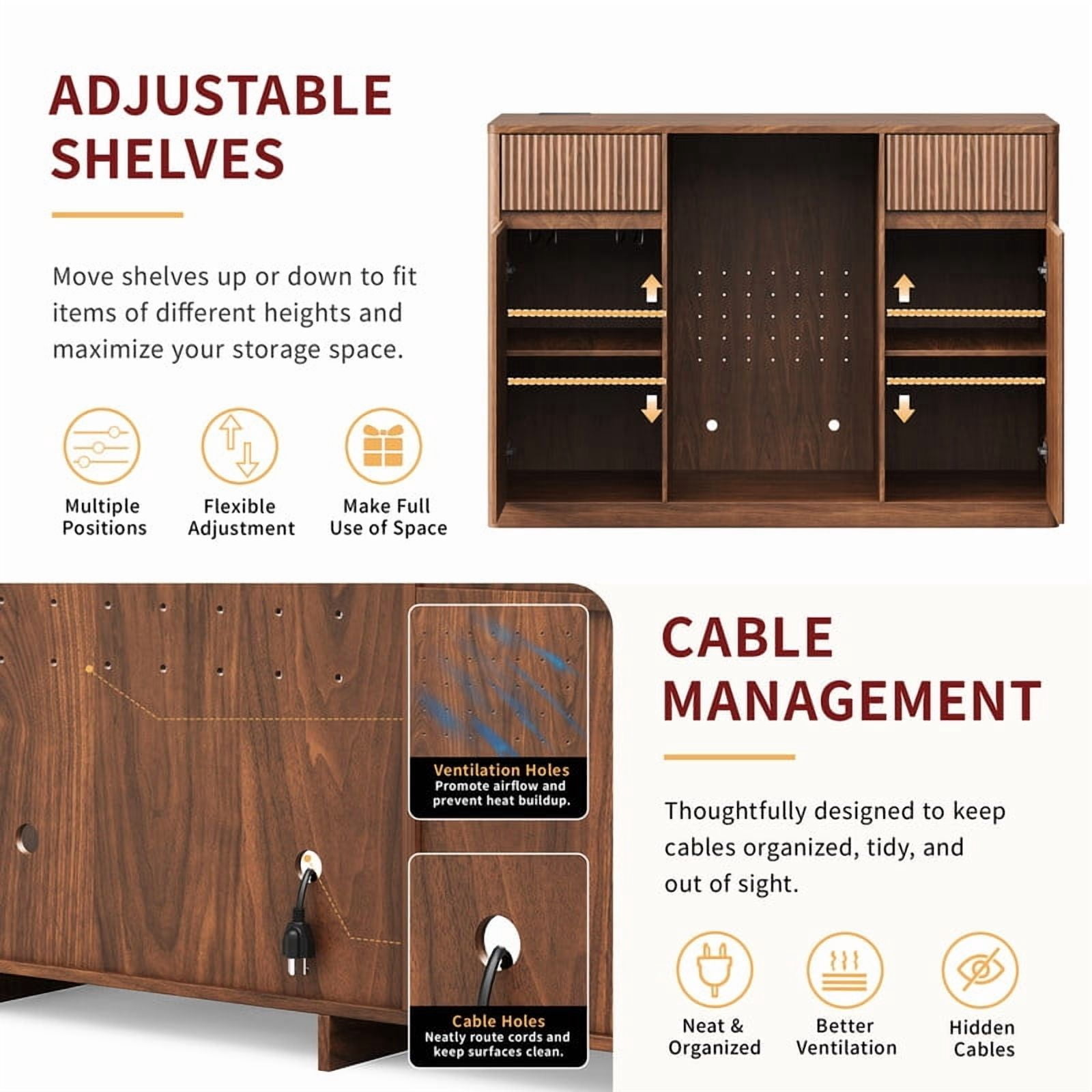 53.2"W Fluted-Door Kitchen Sideboard Buffet with Mini Fridge Nook, Freestanding Bar Wine Storage Cabinet with Charging Station