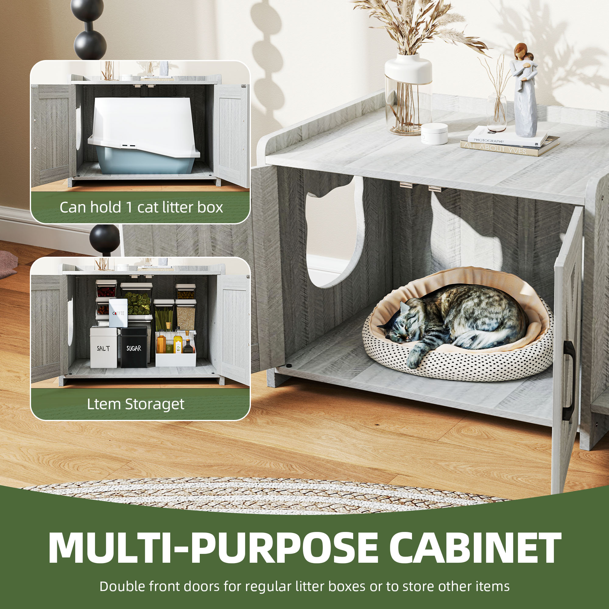 Uforic 27" Cat Litter Box Enclosure, Wooden Cat House Furniture with Scratching Posts & Plush Cushion, Gray