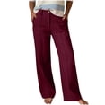 thumbnail image 3 of Feancey Womens Linen Dress Pants Summer High Waist Straight Leg Pants Business Casual Loose Palazzo Trousers with Pockets Red L, 3 of 7