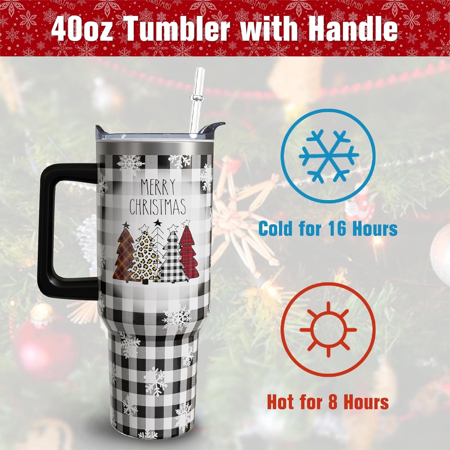 40 oz Christmas Tumblers with Handle and Straw, Christmas Tree Buffalo 40oz Stainless Steel Vacuum Insulated Travel Coffee Mug Cup Water Bottle, Christmas Decor Stuff Accessories Gifts for Women