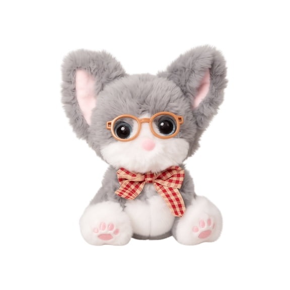 Stuffed Cat Plush, Cute Glasses Wearing Cat Stuffed Animal with Bow Accent, Soft Small Stuffed Animal for Student, Cat Lovers Gift for Shelf Desk Decor, 1 Pack