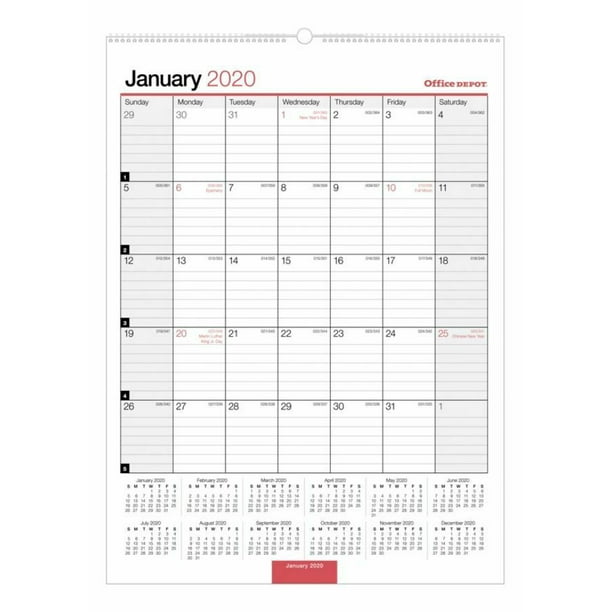 Office Depot Brand Monthly Wall Calendar, 8x11, Black/Red, 2020
