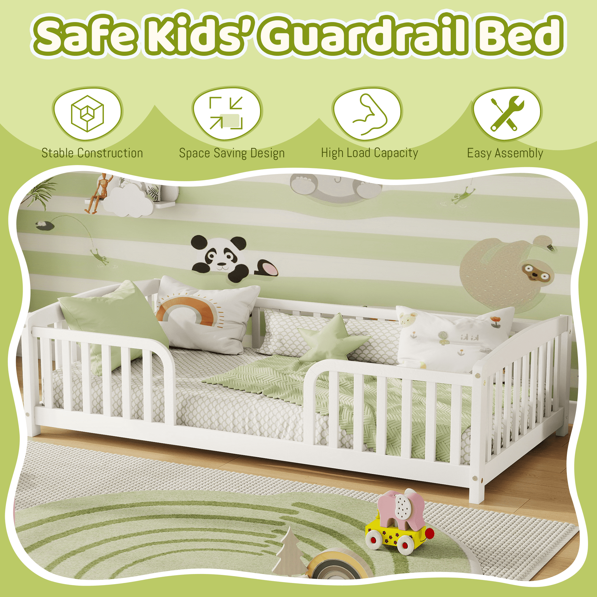 Alvantor Twin Size Floor Bed with Entrance and Guardrails – Low Montessori Wood Bed Frame for Toddlers, White