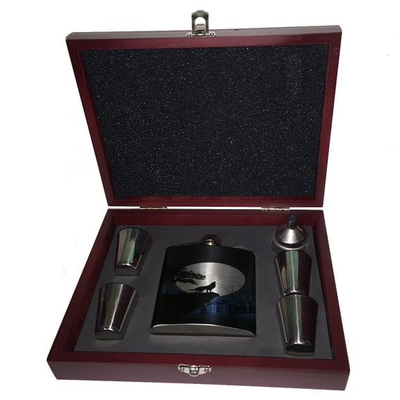 KuzmarK 6 oz. Stainless Steel Flask Set in Rose Wood Presentation Box -  Wolf Full Moon Mountain