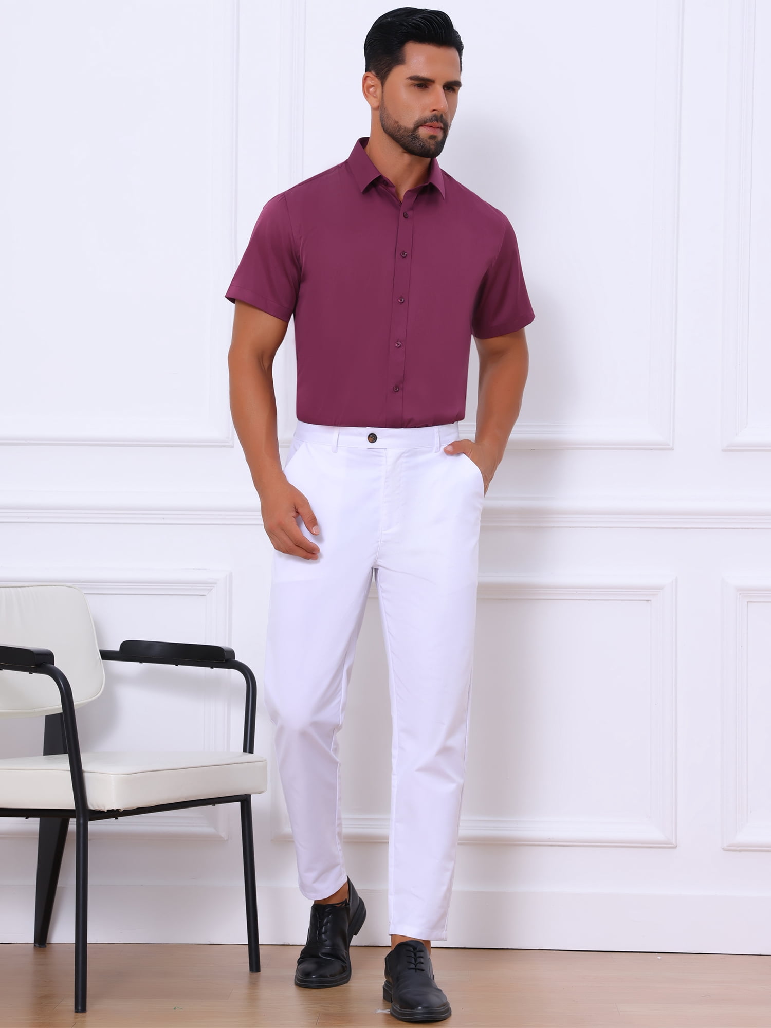 Unique Bargains Men's Short Sleeve Lightweight Business Button Down Shirt L Burgundy
