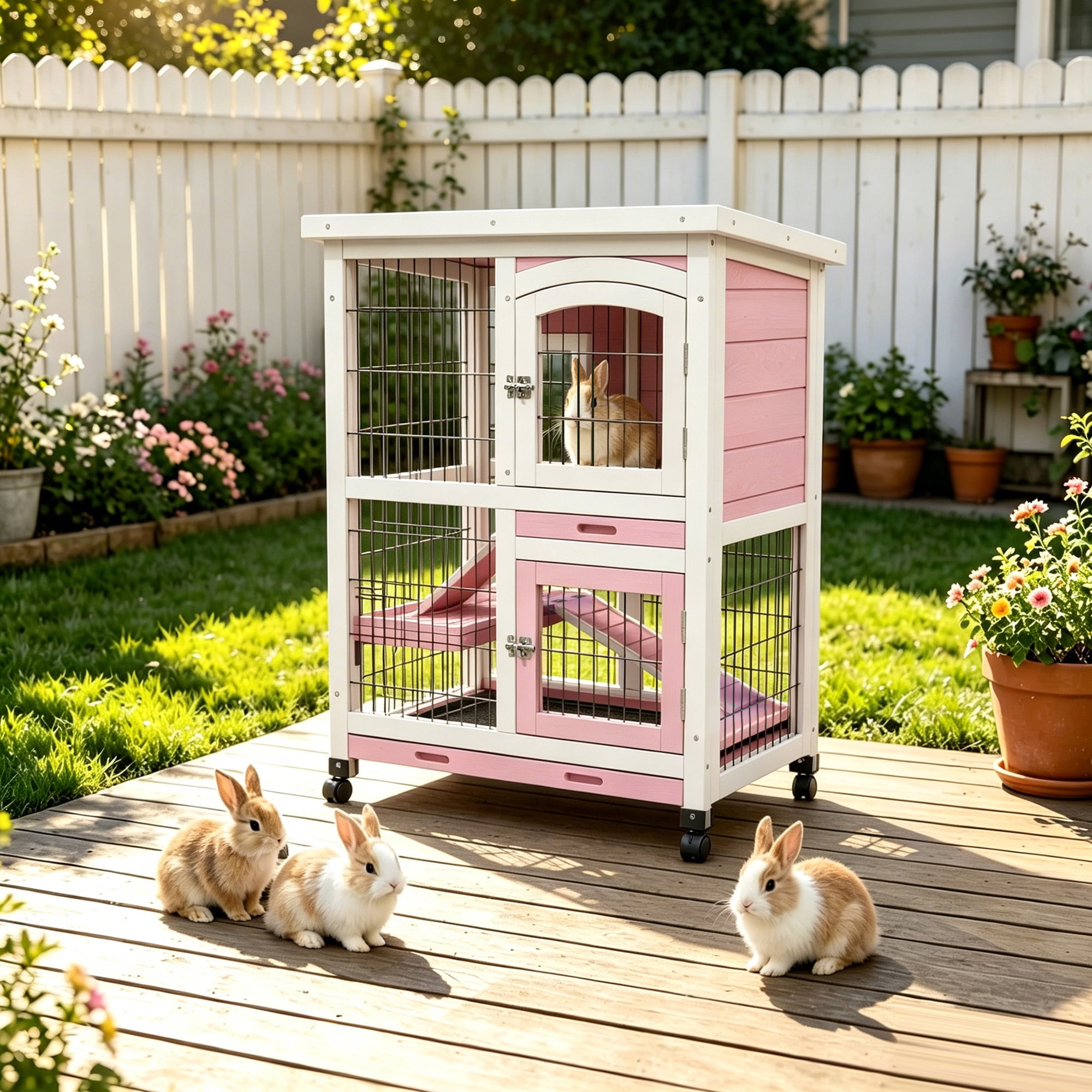 Indoor 2-Story Rabbit Hutch with Wheels, Outdoor Waterproof Bunny Cage with Chew-Proof Ramp & Leak-Proof Trays, Pink