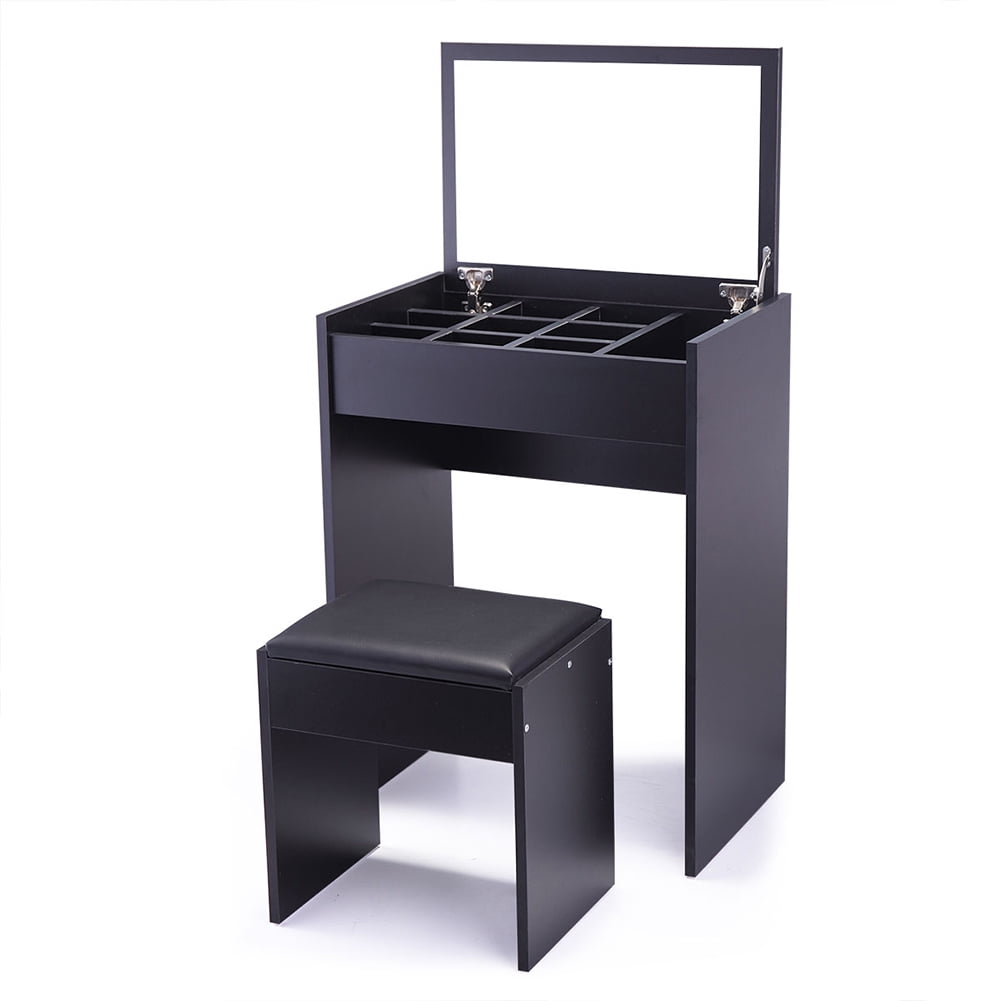 Kadyn Vanity Table and Stool Set, Dressing Table Writing Desk with Flip Top Mirror Makeup and Cushioned Stool, Black Kadyn Vanity Table and Stool Set, Dressing Table Writing Desk with Flip Top Mirror Makeup and Cushioned Stool, Black