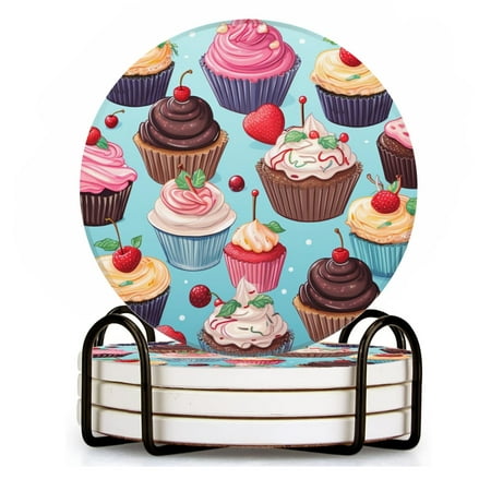 

BaHomeck Drink Coasters Set of 4 with Holder cupcake pattern Water Absorbent Ceramic Coasters Tabletop Protection Suitable for Various Cup Home Decor