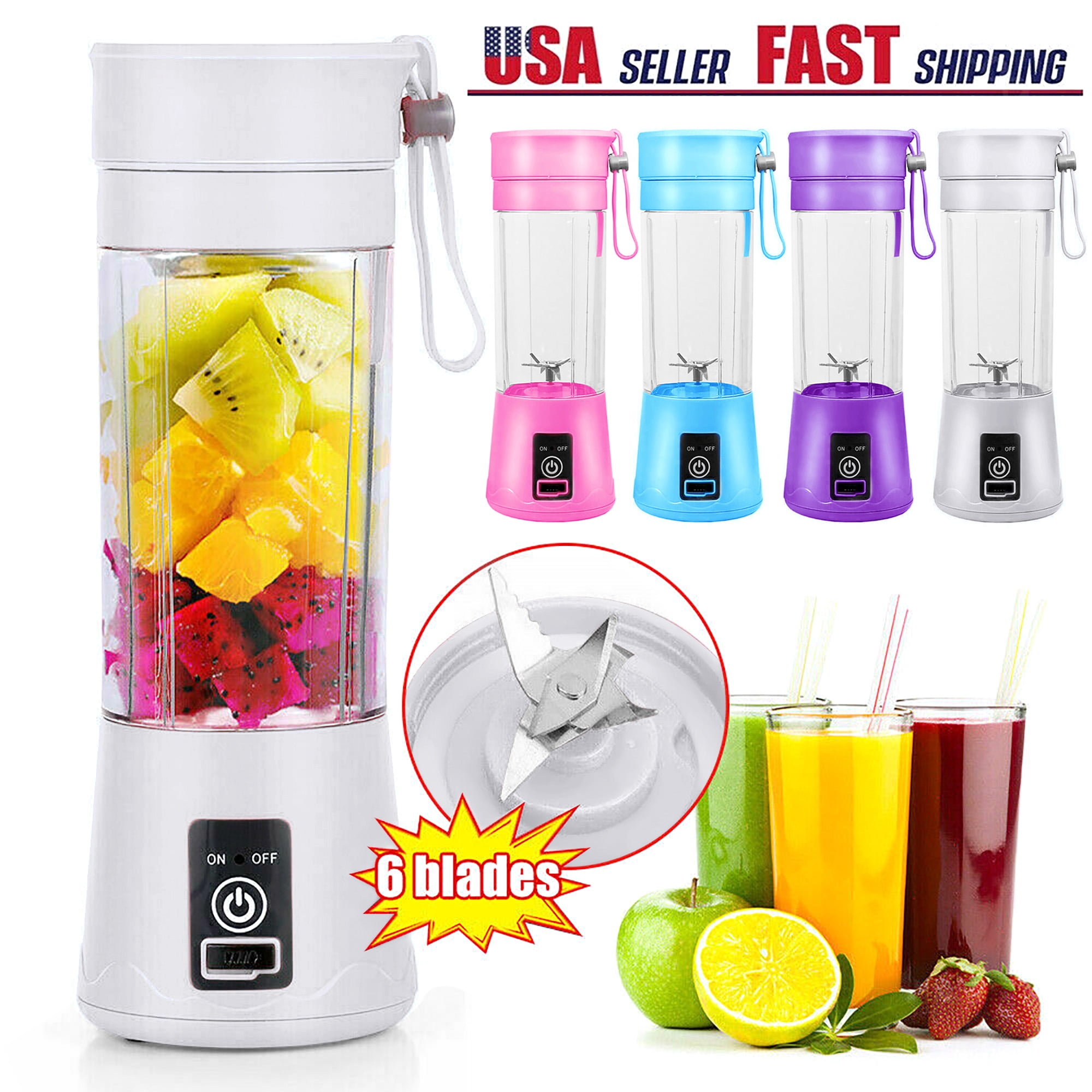 Six Blades in 3D USB Rechargeable 1400mAh Blue Shakes Smoothies Maker for Home Office Travel Small Fruit Mixer Portable Blender Juicer Cup Bottle with Lid Mini Personal Blender Chopper 380ML 