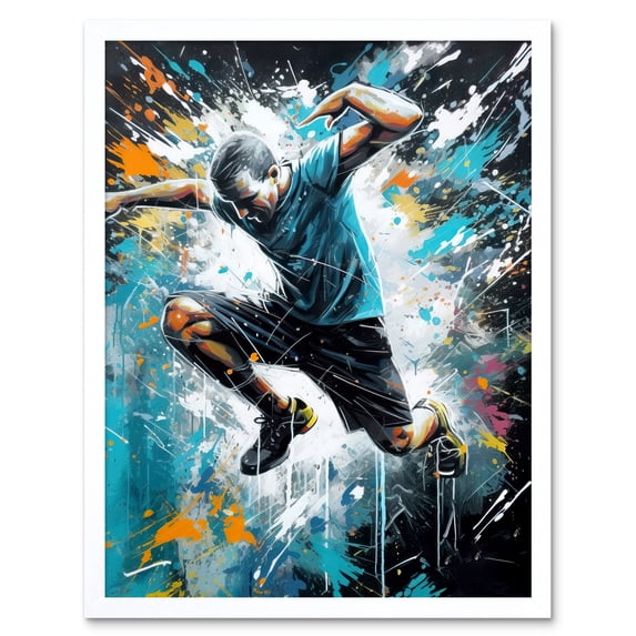 Man Doing Parkour Jump Pose Paint Splat Portrait Art Print Framed Poster Wall Decor 12x16 inch