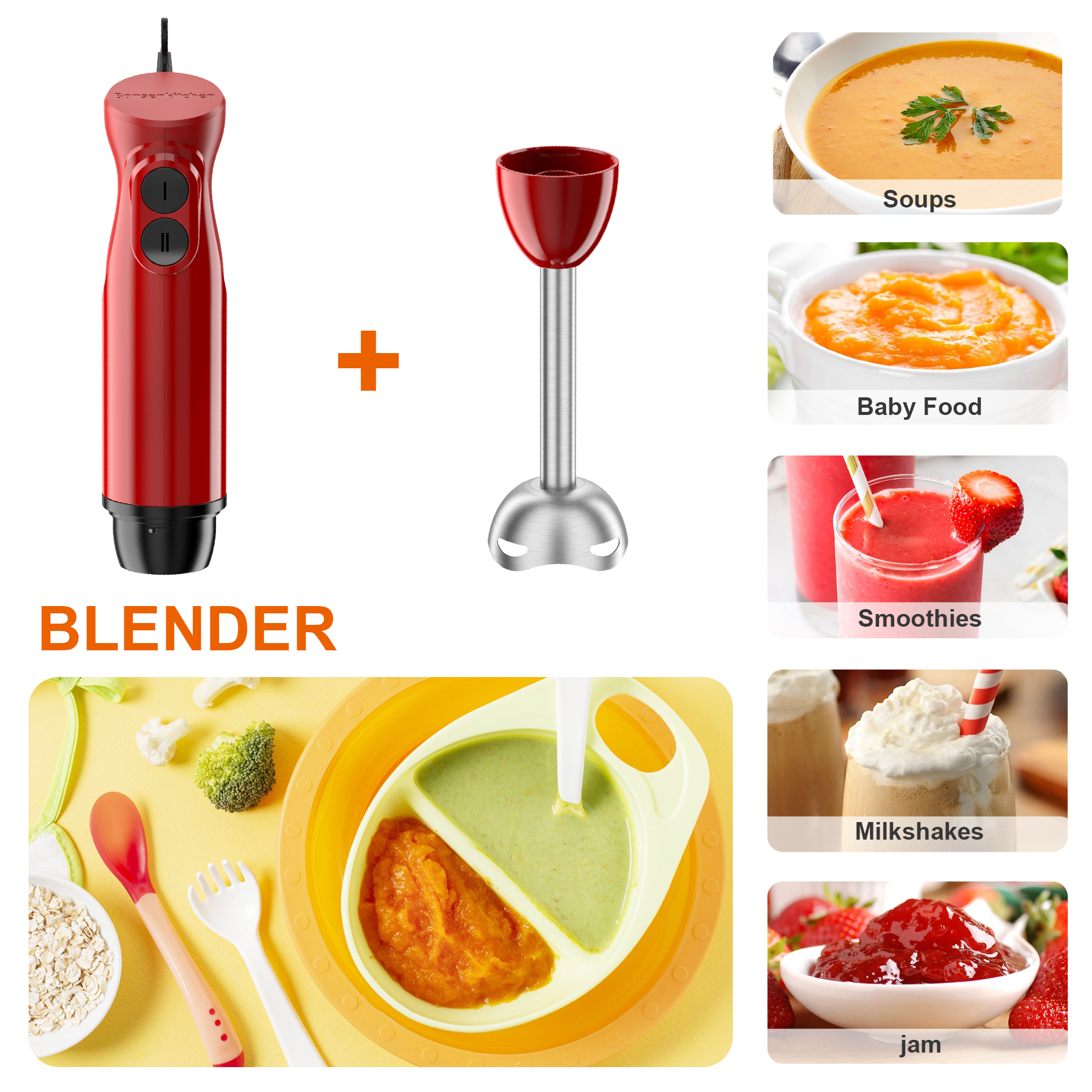 Bonsenkitchen Handheld Immersion Blender, Red photo 2