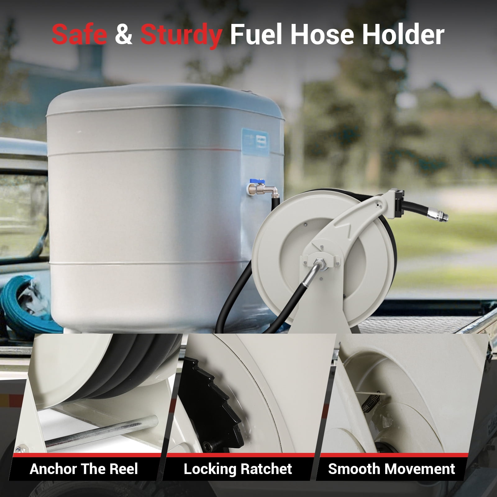 XUTUMM Fuel Hose Reel Retractable 3/4" x 66' Adjustable Dual Arm, All-weatherAuto Rewind, Heavy Duty Steel, with Fueling Nozzle for Aircraft Ship Vehicle Tank Truck, 300 PSI