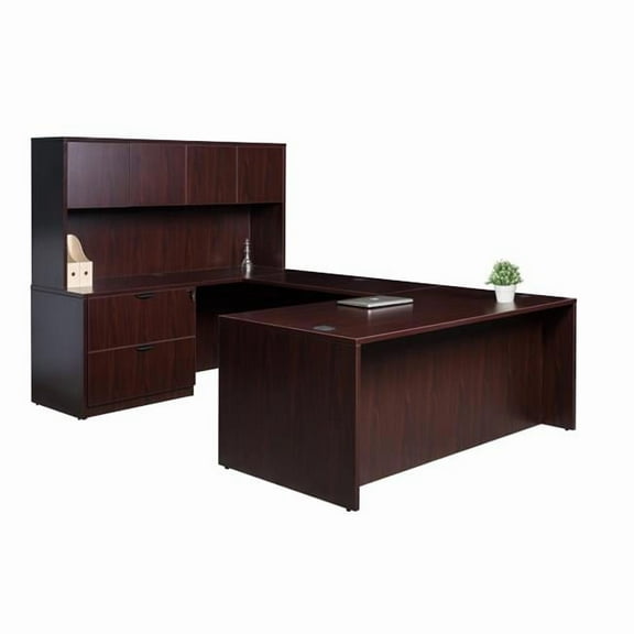 Boss Office Products 66" U-Shape Desk with Lateral File and Hutch in Mahogany