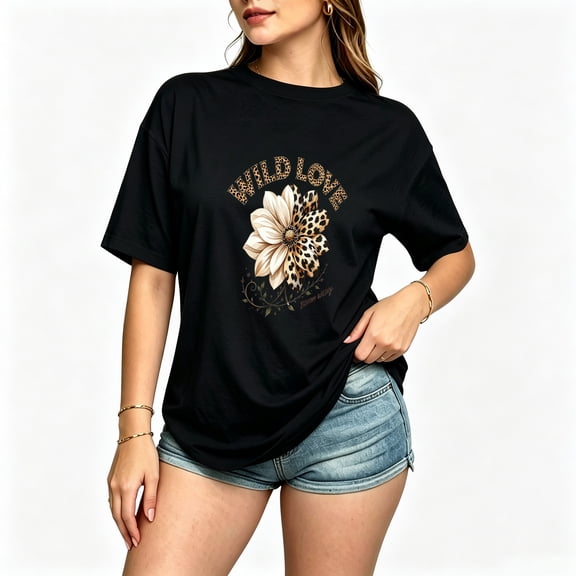 Womens Graphic Tees Short Sleeve T Shirts | Loose Casual Tops for Teen Girls, Vintage Leopard Daisy Wild Love Floral Graphic T-shirts