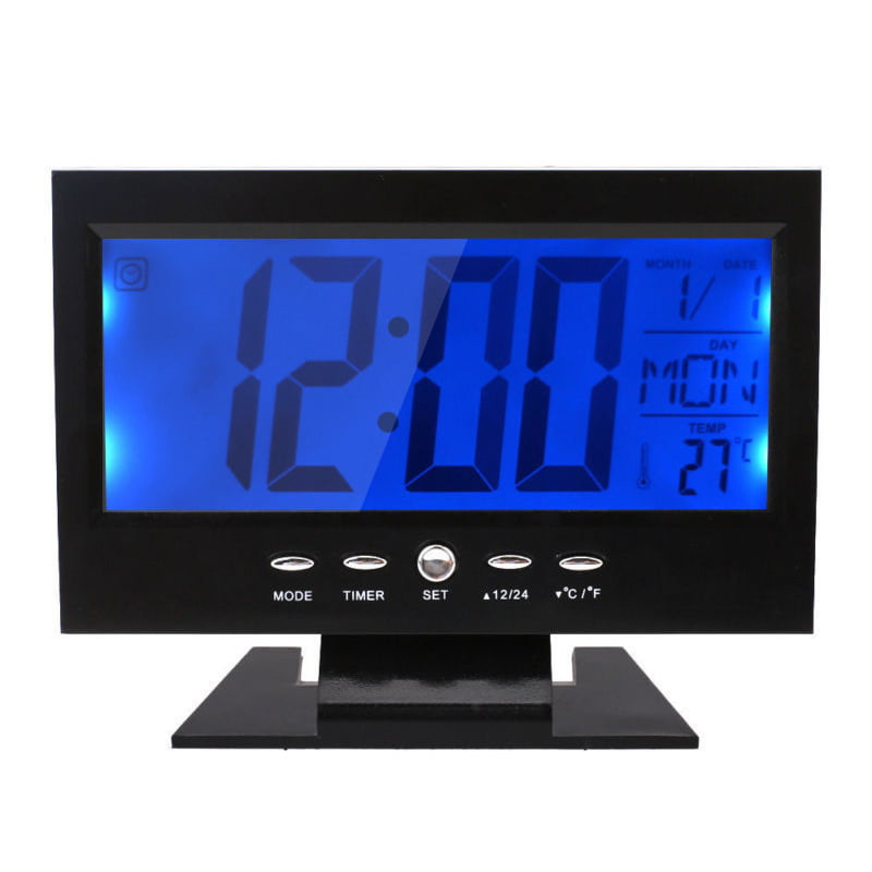 LCD Digital Table Clock Calendar Temperature Humidity Alarm Snooze 12/24H 