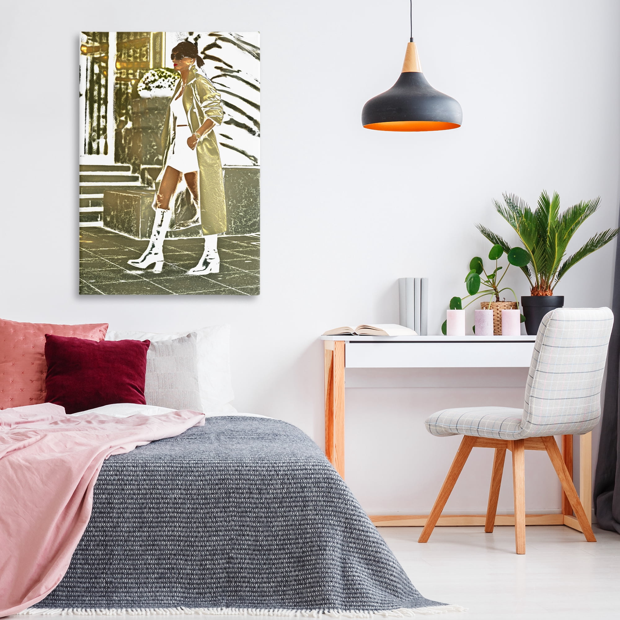 Stupell Industries Girl in Gold Trenchcoat People Painting Wrapped Canvas Art Print Wall Art, 30 x 45