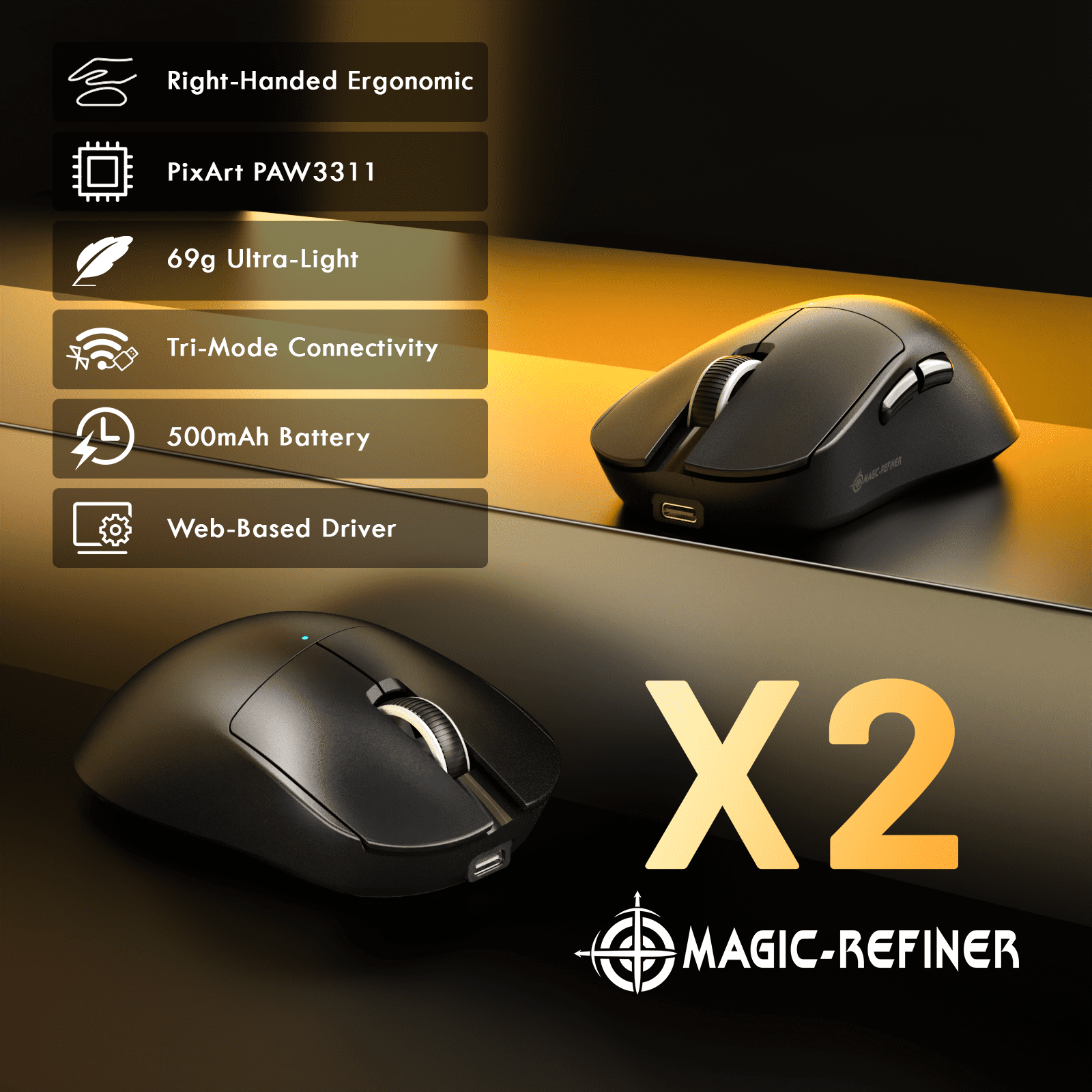 Magic-Refiner X2 Wireless Gaming Mouse, Tri-Mode 2.4G/USB-C Wired/Bluetooth, PAW3311 Sensor, 25000 DPI, 1000Hz Polling Rate, 69g Ergonomic Design, PC/Mac Compatible, Black