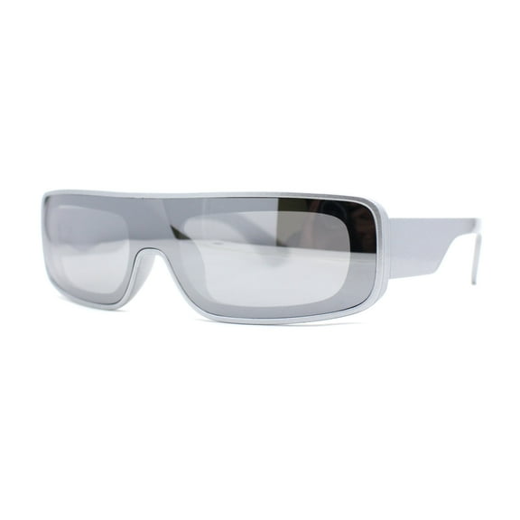 Retro Shield Narrow Rectangle Flat Top Plastic Sunglasses Silver Mirror