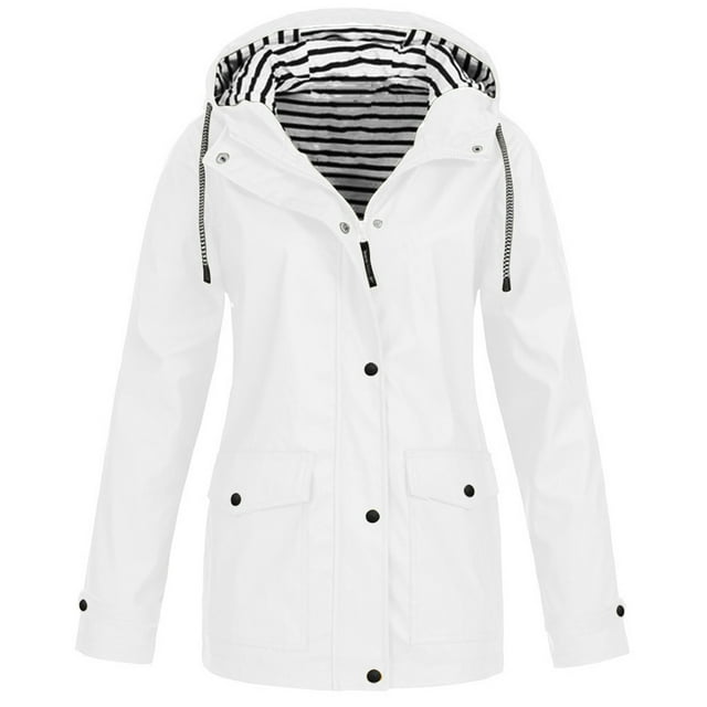 Heliisoer Women's Plus Size Solid Snap Zip Up Rain Jacket Outdoor Plus Size Waterproof Hooded Raincoat Windproof