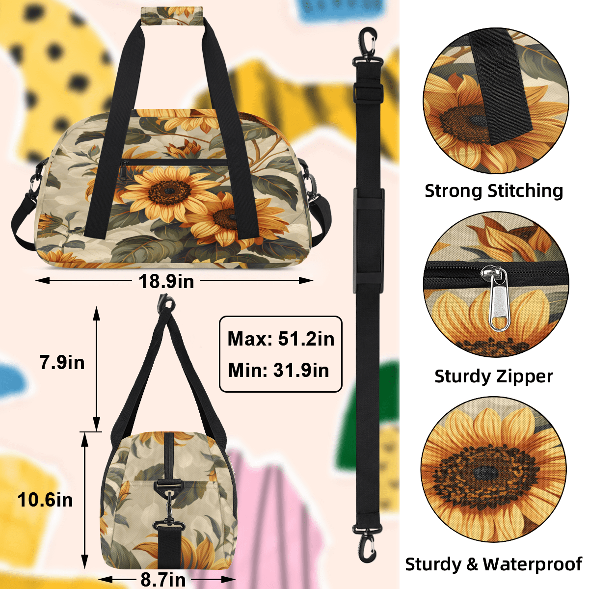 Herdesigns Sunflowers Sports Duffle Bag for Women & Men, Floral Gym Bag Dance Bag Overnight Bag Carry On Weekender Travel Bag